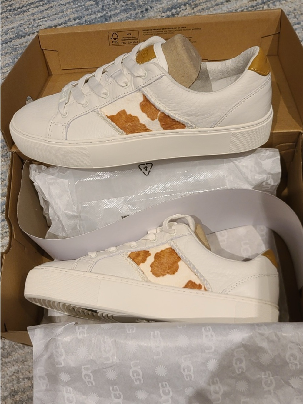 UGG White Leather Sneakers with Tan Cowhide Panels